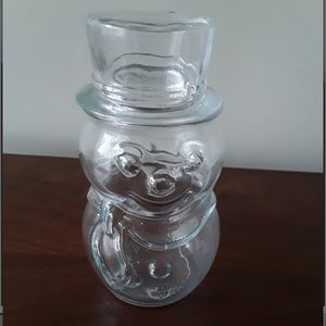 Vintage Snowman Glass Candy Jar with Top Hat Lid Libbey Retro Lidded Holiday Jar